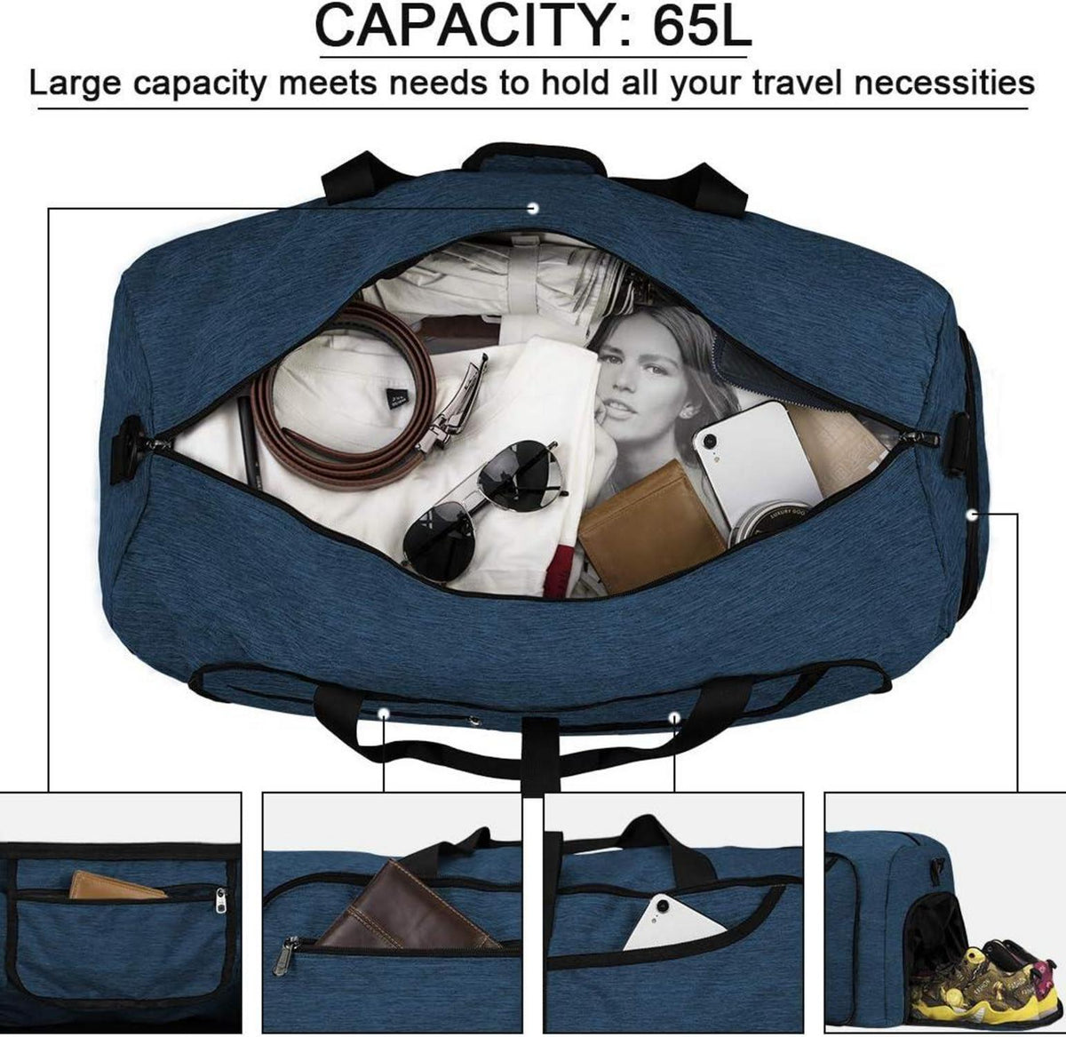 NEWHEY Große Faltbare Reisetasche 65L Schwarz - Leichte