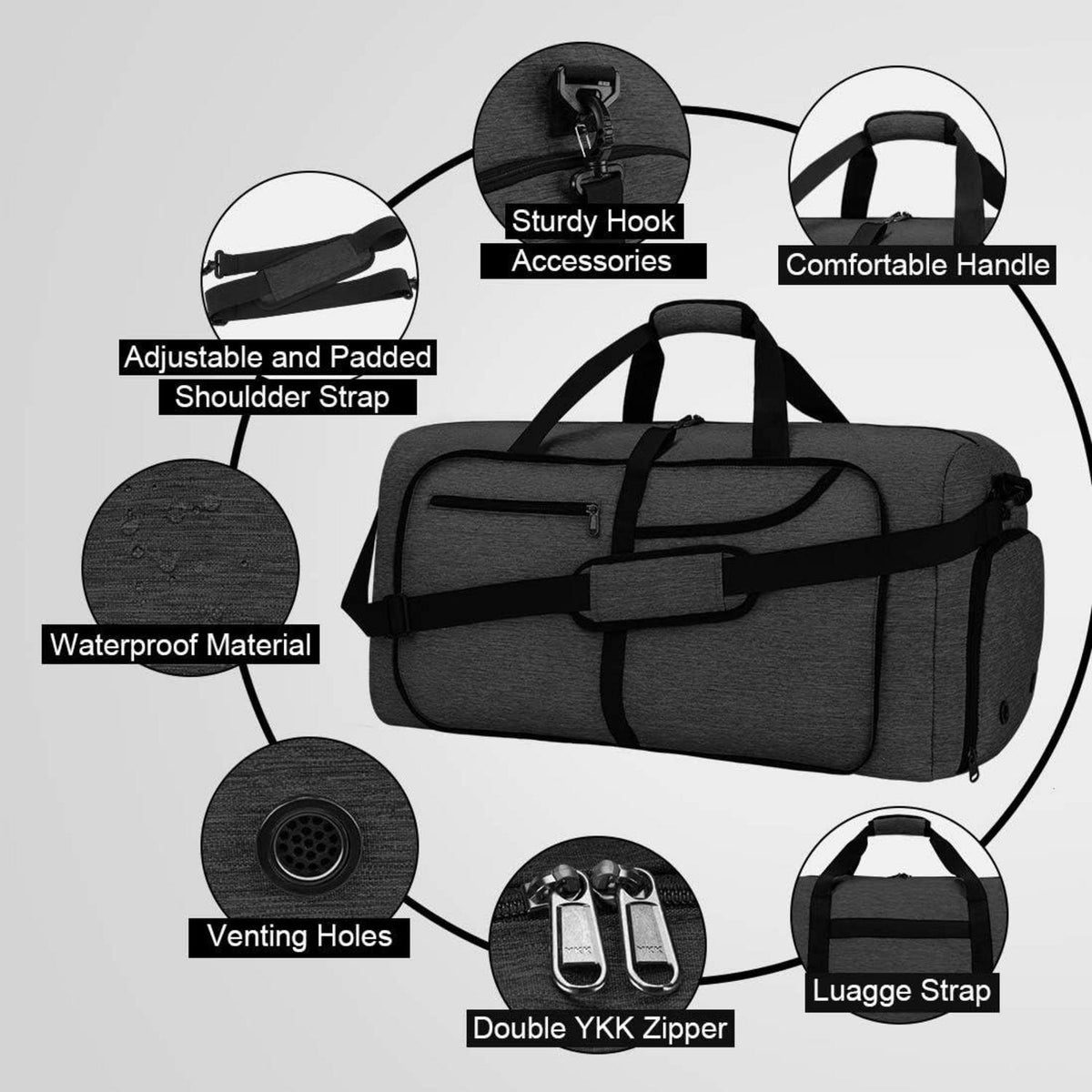 NEWHEY Reisetasche Groß 65L Leichte Sporttasche Weekender Herren Damen Schwarz