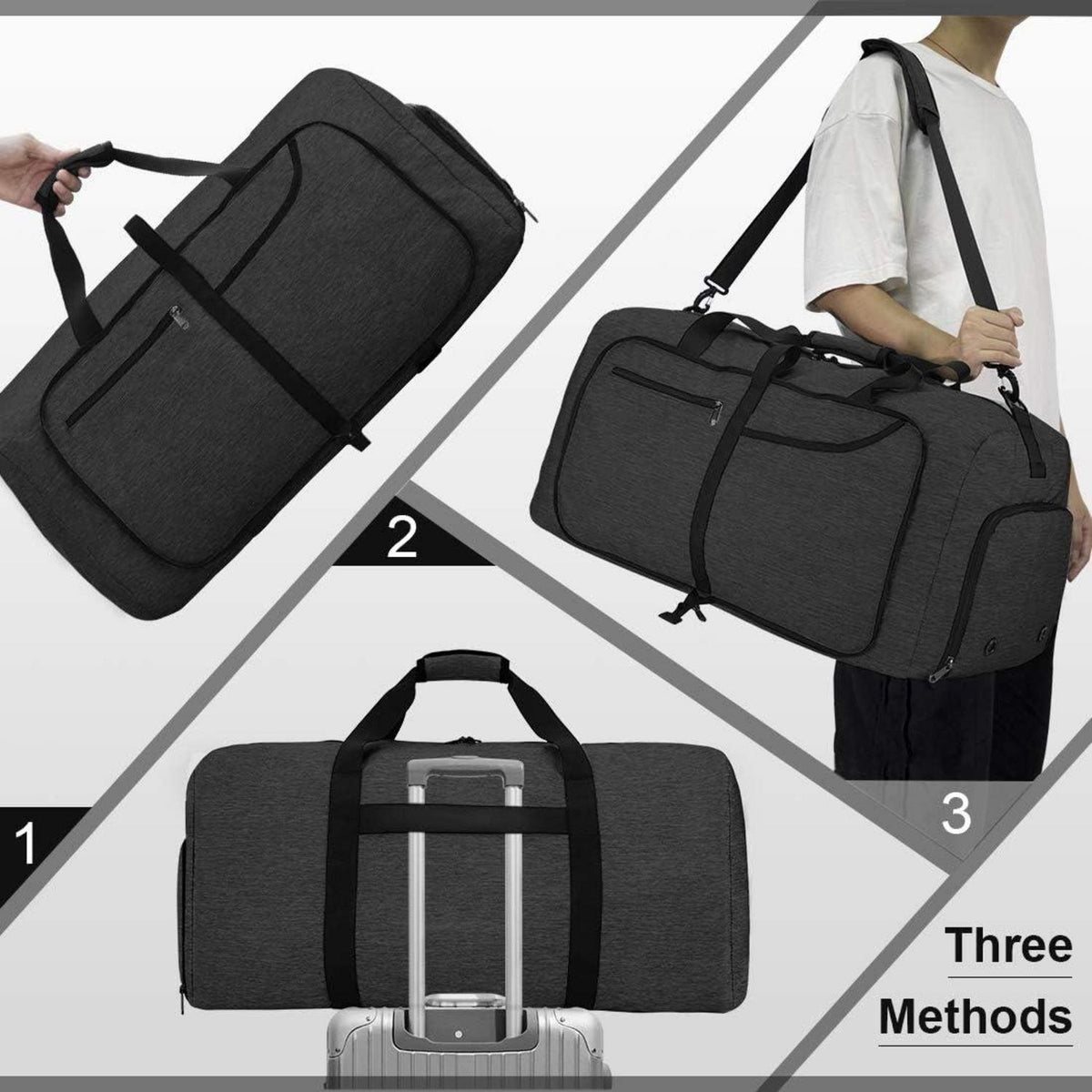 NEWHEY Reisetasche Groß 65L Faltbar Leicht Sporttasche Herren Damen Schwarz