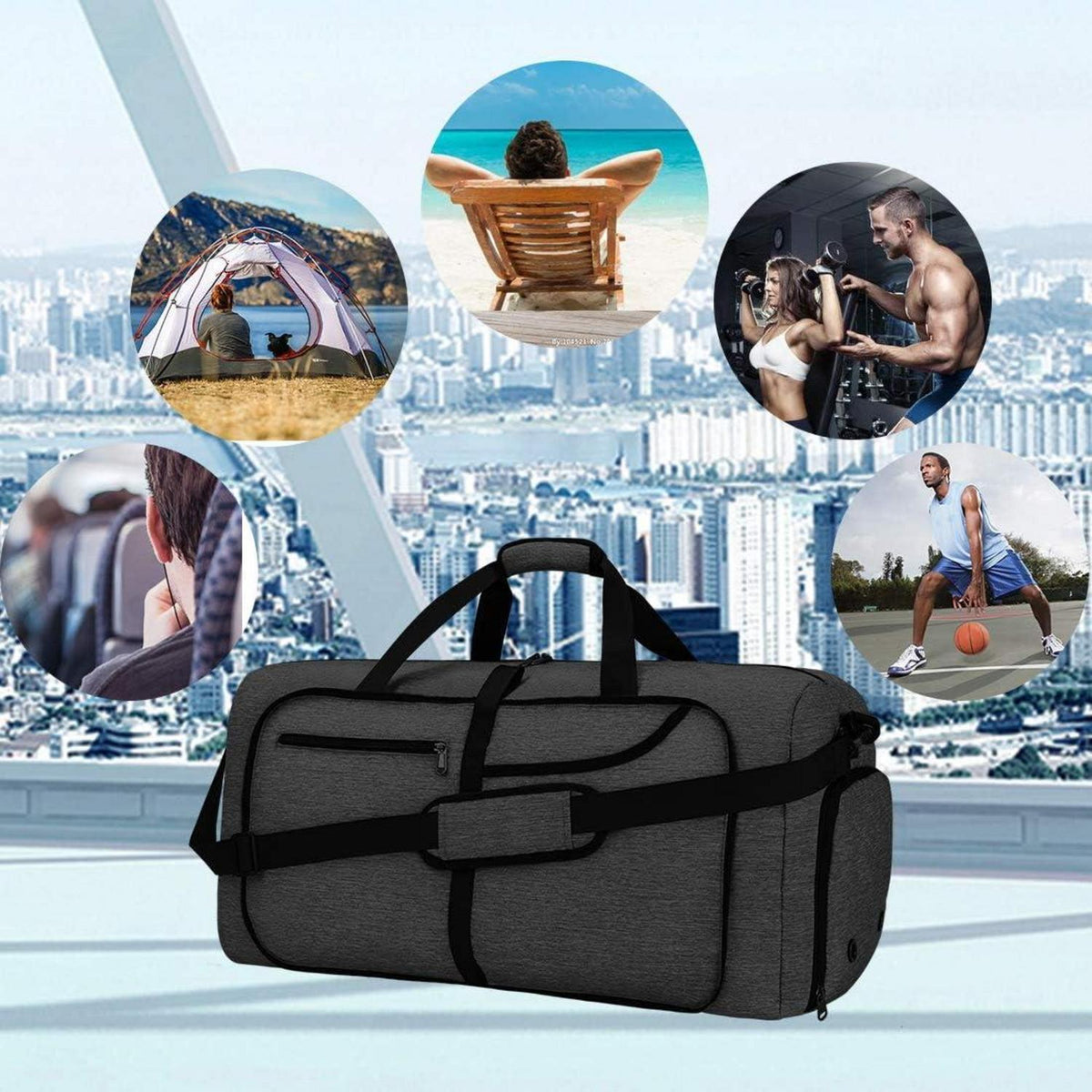 NEWHEY Reisetasche Groß 65L Faltbar Leicht Sporttasche Herren Damen Schwarz