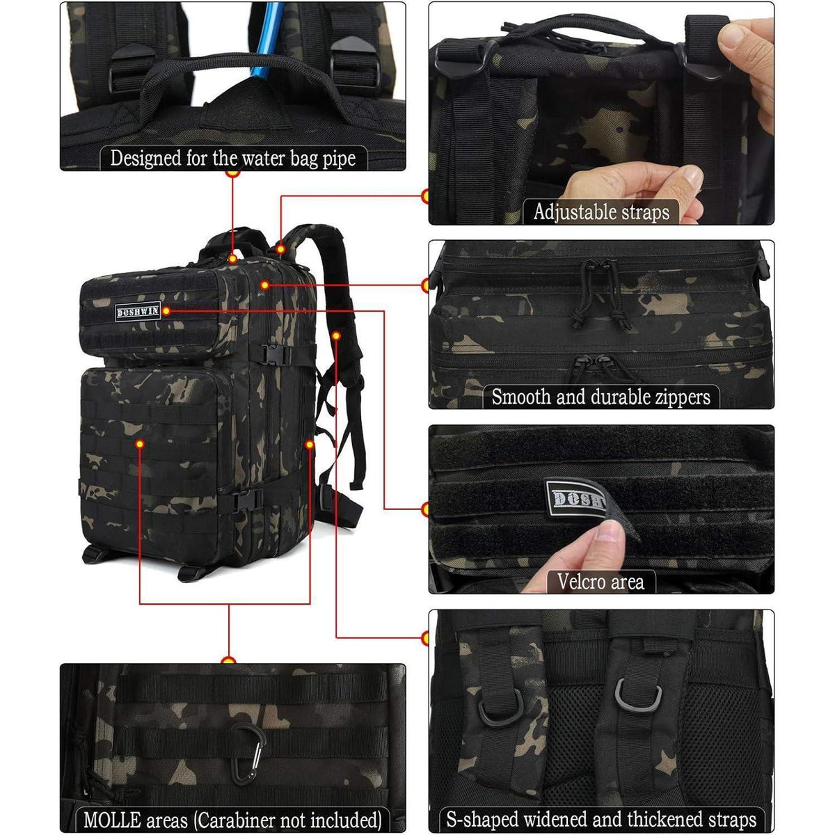 Taktischer Rucksack 40L wasserdicht mit vielen Fächern Schwarz