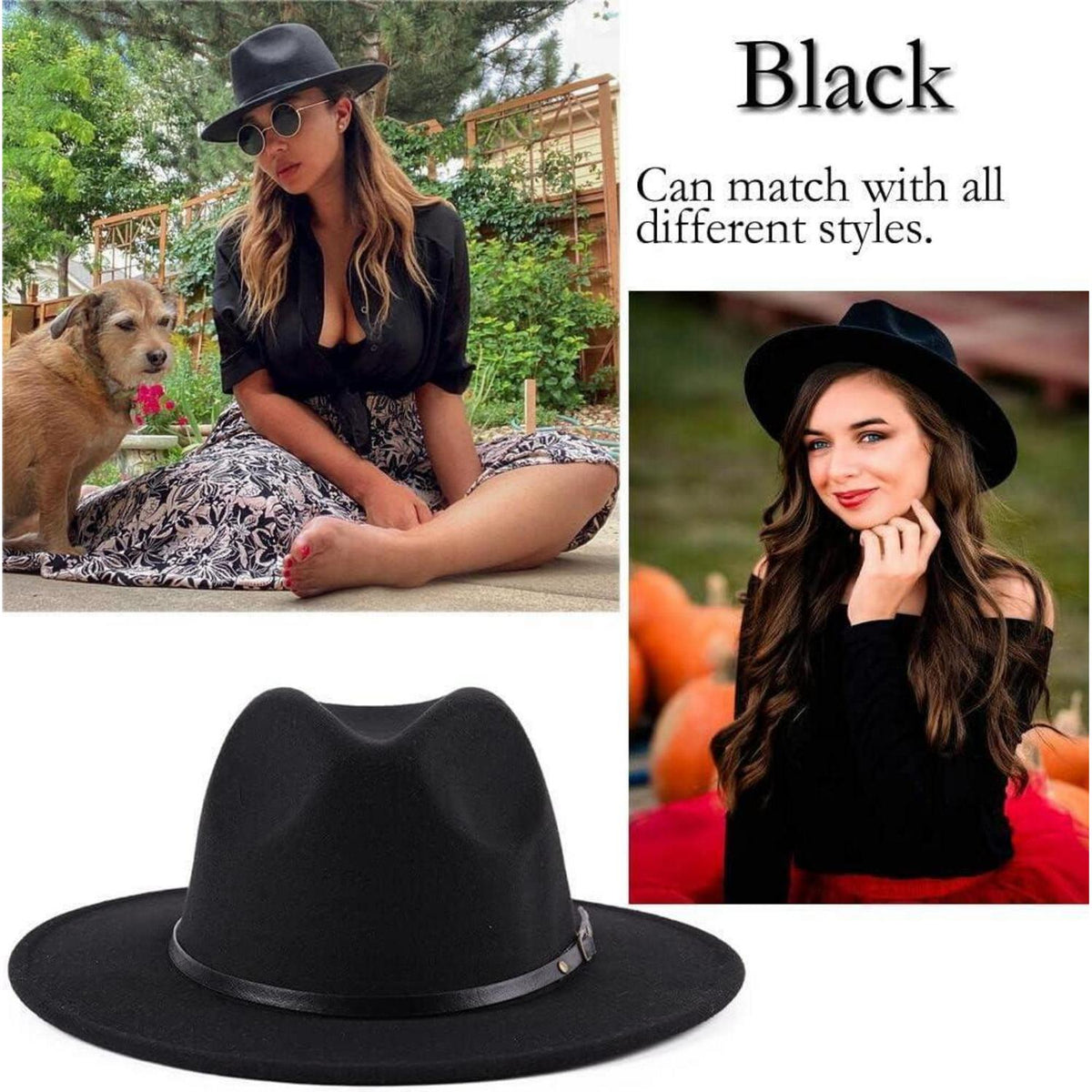 Unisex Fedora Hut aus Wollmischung mit Gürtelschnalle – Schwarz