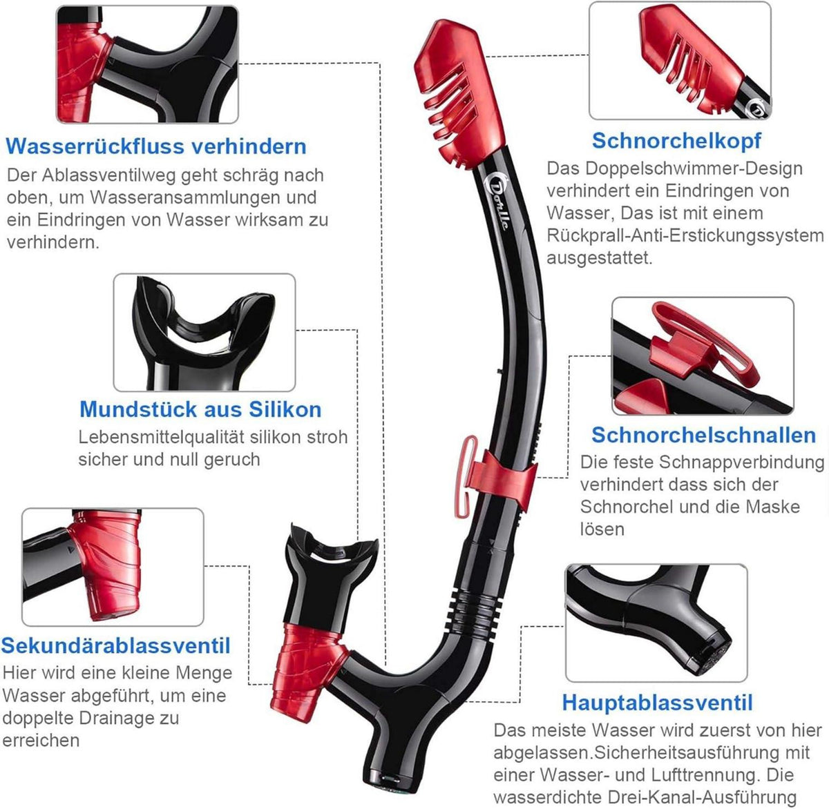 Dorlle Schnorchelset Tauchmaske Anti-Fog Gehärtetes Glas Schwarz/Rot