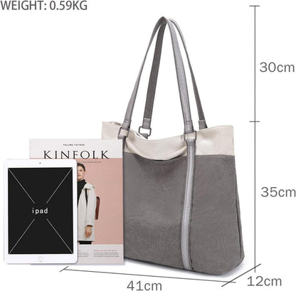 Damen Canvas Handtasche Schultertasche Grau 41 cm Groß Büro Schule Arbeit