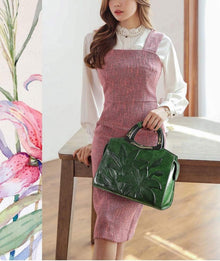 Damen Handtasche Blumenprägung Holz Henkel Umhängetasche