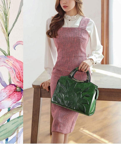 Damen Handtasche Blumenprägung Holz Henkel Umhängetasche