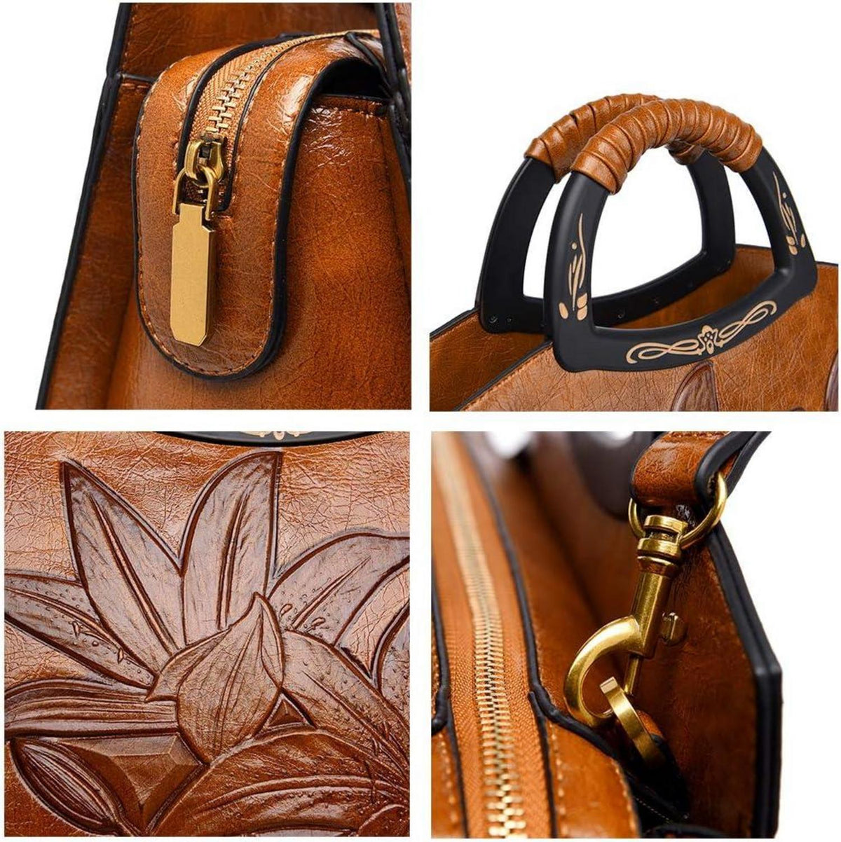 Coolives Damen Handtasche Klassische Blumenprägung Holz Henkel Umhängetasche