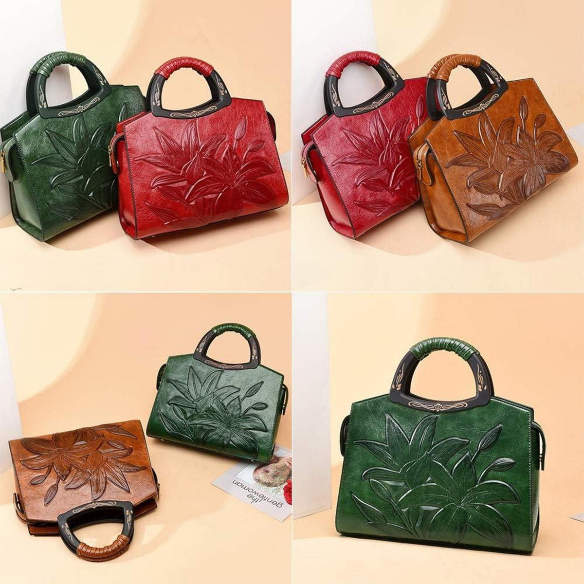 Coolives Damen Handtasche Klassische Blumenprägung Holz Henkel Umhängetasche