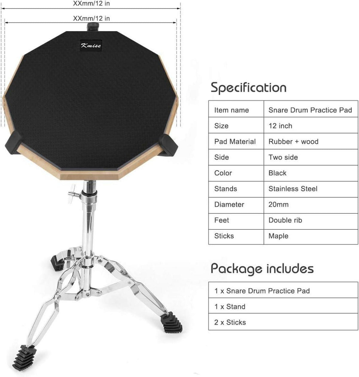 Kmise 12-Zoll-Drum Pad ÜBungspad Snare Ständer Sticks Mute Drum-Set