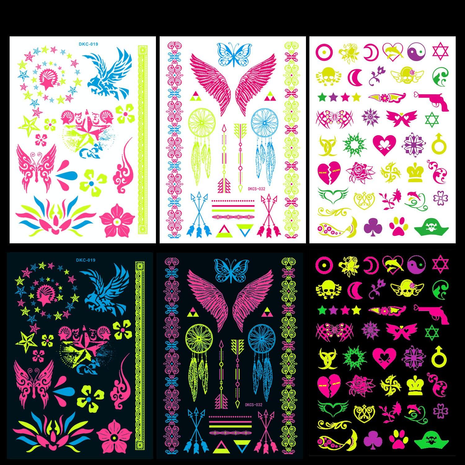 Neon temporäre Tattoos UV Schwarzlicht 7 Blätter groß für