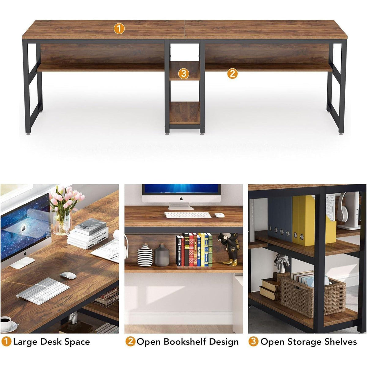 Doppel-Schreibtisch 200cm | Rustikaler Bürotisch für 2 Personen mit Regalen