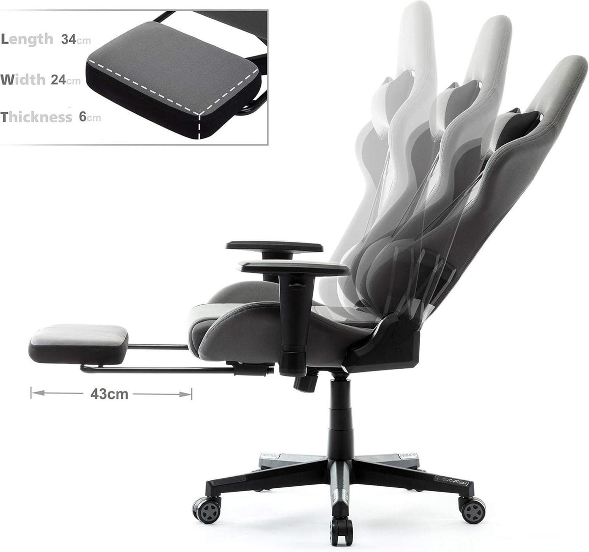 Gaming Stuhl Grau Stoff Ergonomisch Verstellbar Fußstütze Lendenkissen
