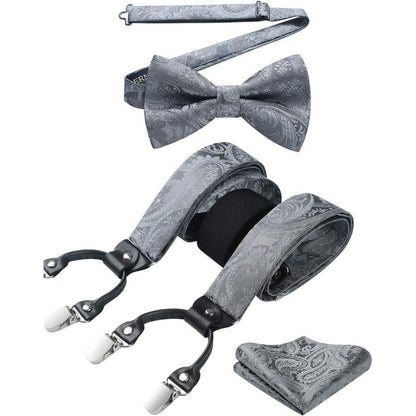 Herren Hosenträger Set Grau Paisley mit Fliege & Einstecktuch