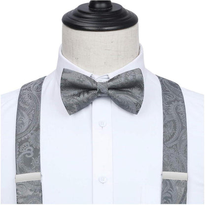 Herren Hosenträger Set Grau Paisley mit Fliege & Einstecktuch