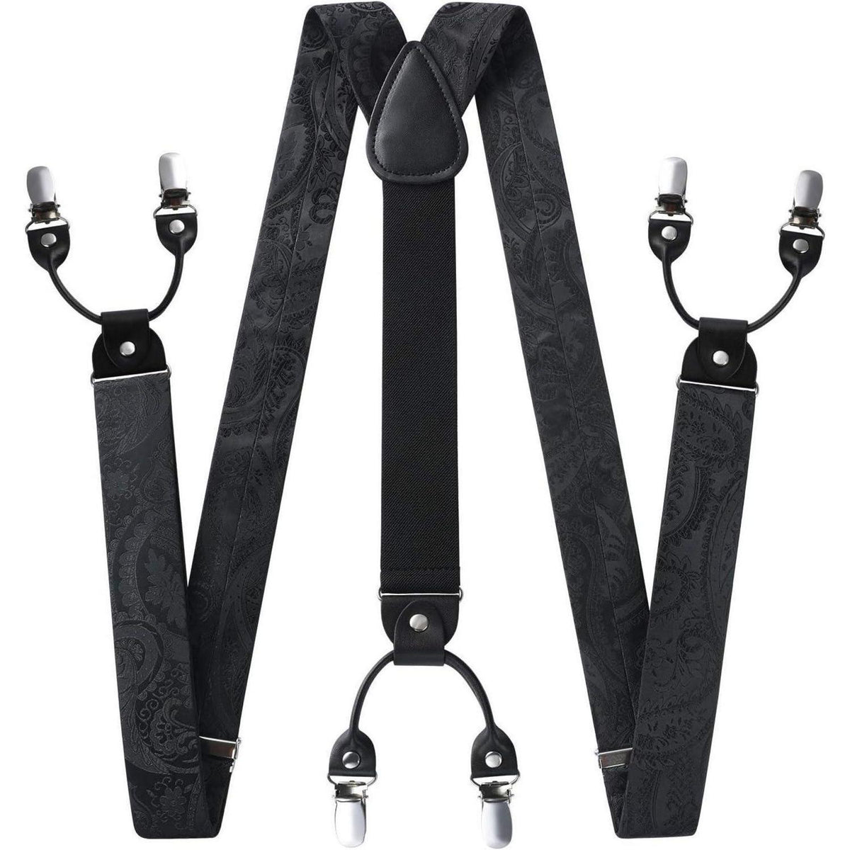 Herren Hosenträger Set mit Fliege & Einstecktuch – Y-Form, 6 Clips, Paisley Schwarz