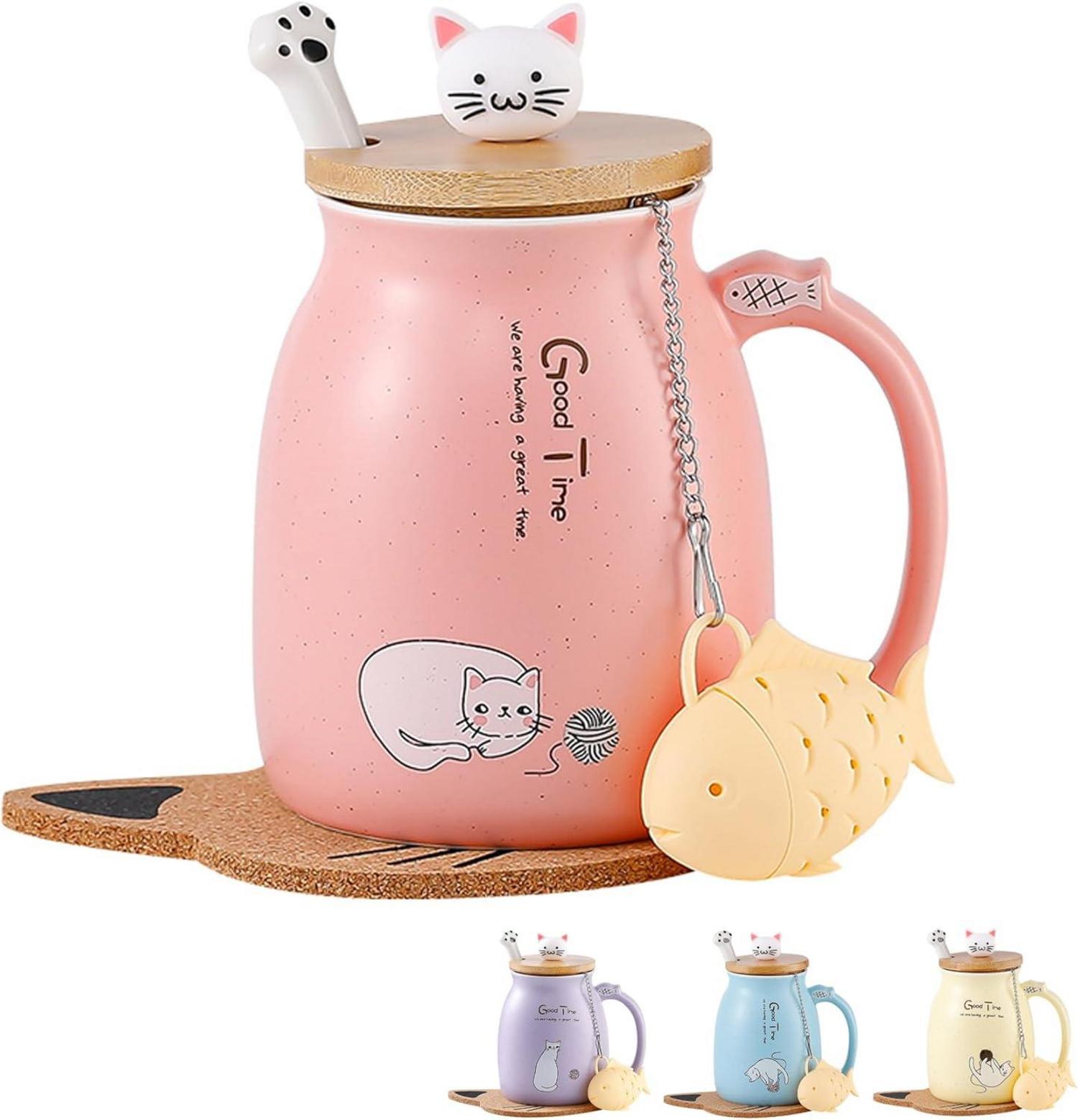 Katzen-Tasse Süße Keramik Kaffeetasse mit Deckel und Löffel 380ML