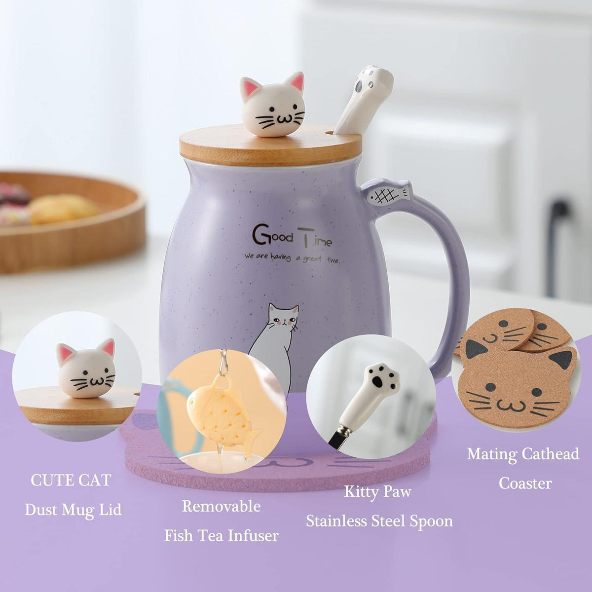 Süße Katzen-Tasse Keramik mit Deckel und Löffel 380ml Blau