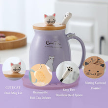 Süße Katzen-Tasse Keramik mit Deckel und Löffel 380ml Blau