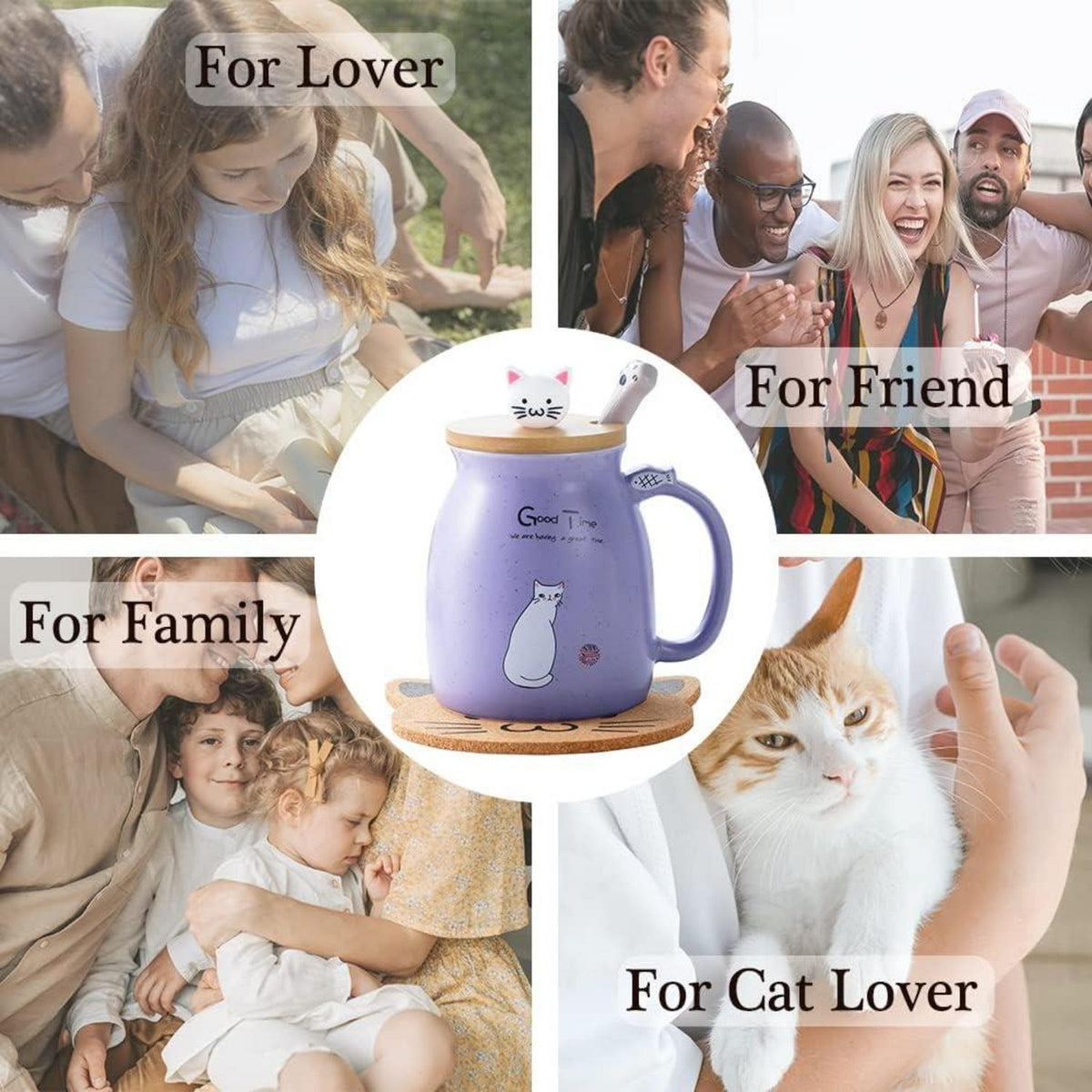 Süße Katzen-Tasse Keramik mit Deckel und Löffel 380ml - Lila