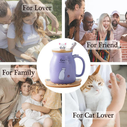 Süße Katzen-Tasse Keramik mit Deckel und Löffel 380ml - Lila