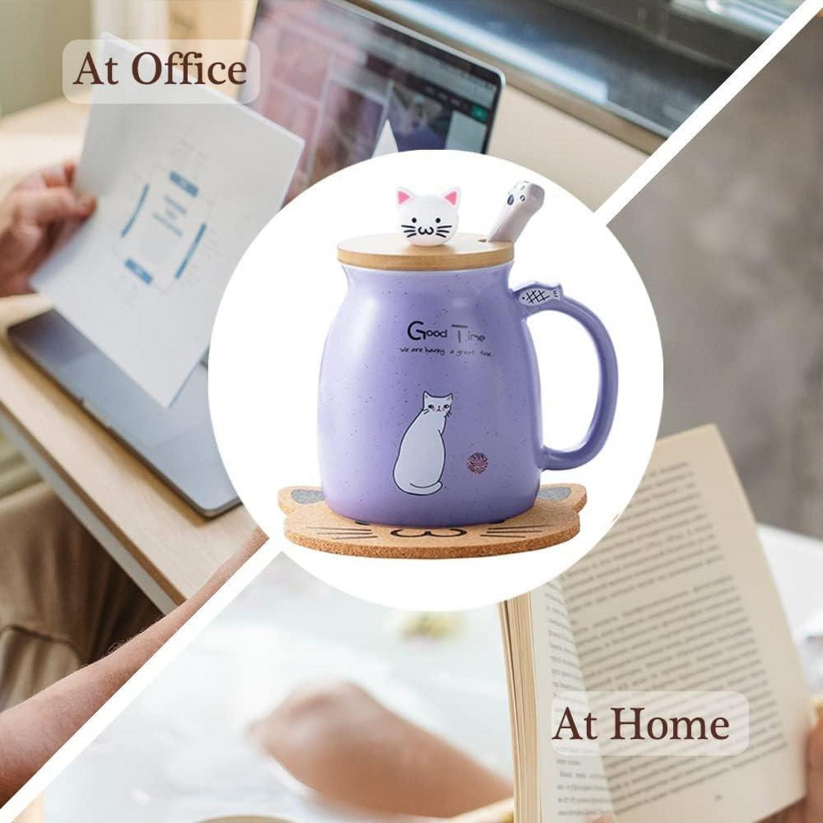 Katzen-Tasse Keramik mit Deckel und Löffel, Geschenk Teebecher 380ML