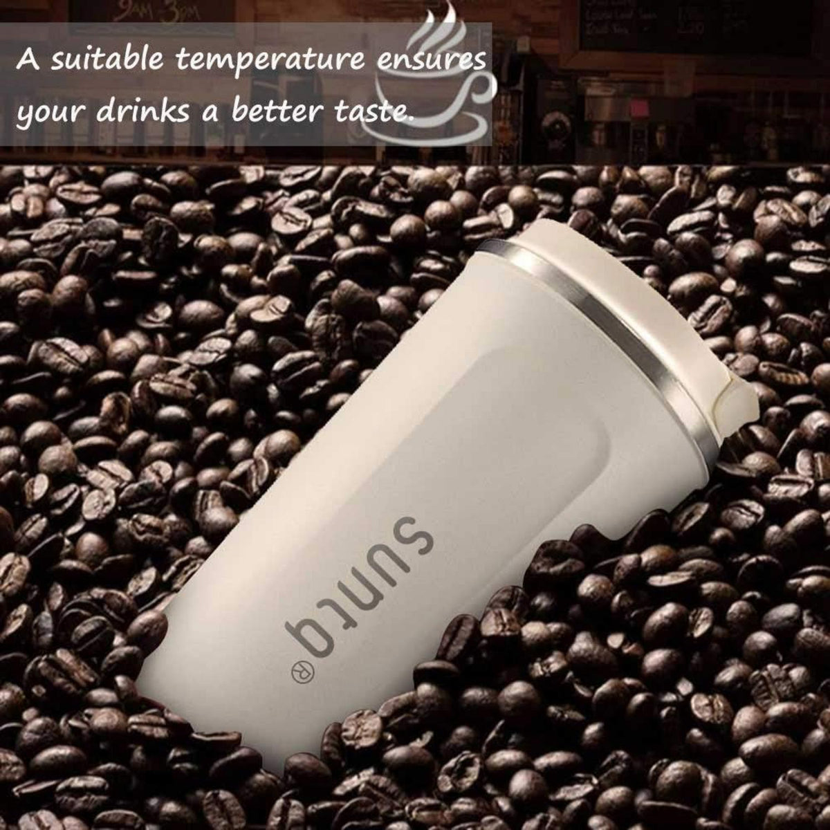 SUNTQ Kaffeebecher Edelstahl Isoliert Auslaufsicher Deckel Weiß 510ml