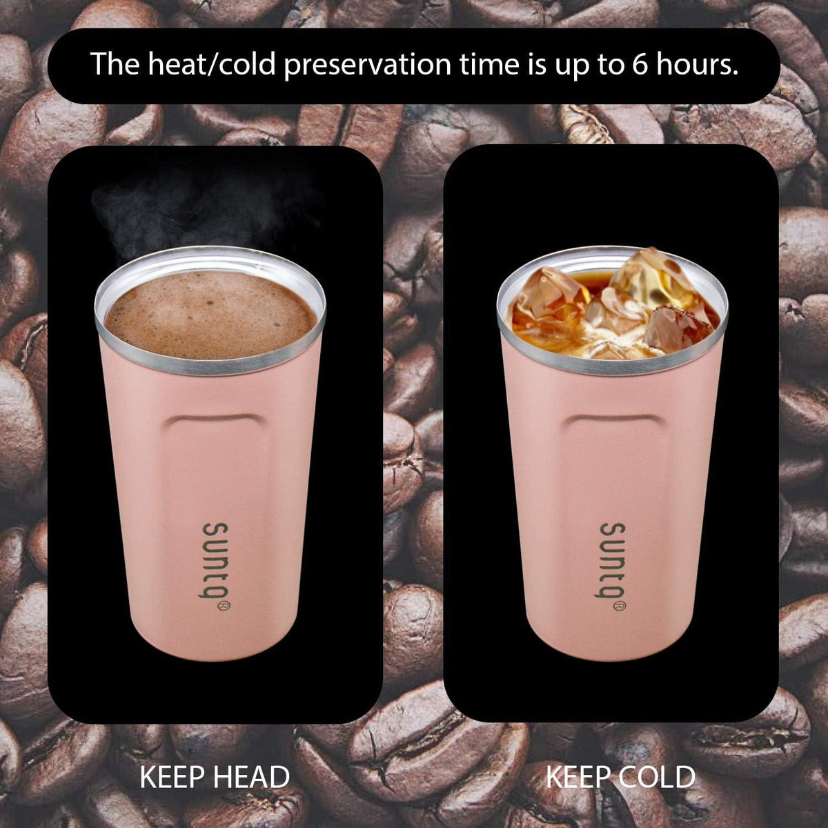 SUNTQ Kaffeebecher to go Edelstahl Thermobecher Doppelwand Isoliert 510ml Koral Rosa