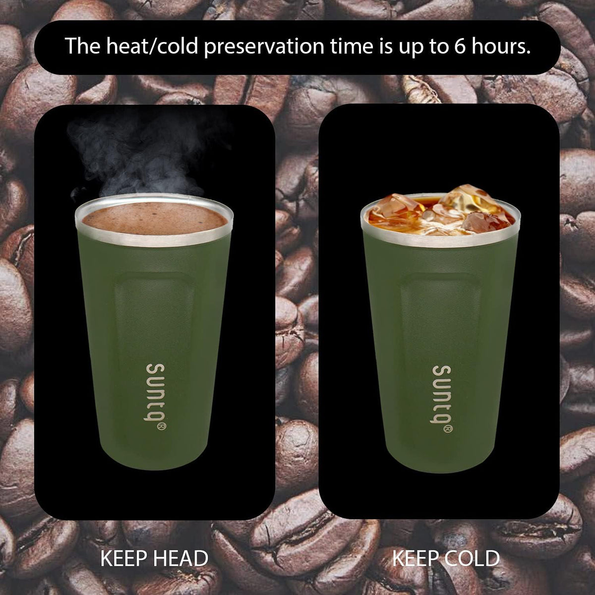 SUNTQ Kaffeebecher to go Edelstahl Thermobecher Doppelwand Isoliert Grün 380ml
