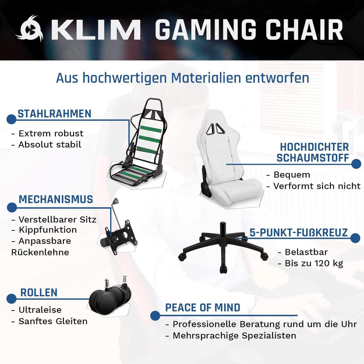 Gaming Chair NEU 2024 Rücken- Kopfstütze Ergonomischer Computerstuhl Rädern verstellbaren Armlehnen PU-Leder Grau