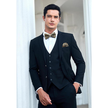Herren Paisley Fliegen-Set mit Einstecktuch und Manschettenknöpfen, Gold