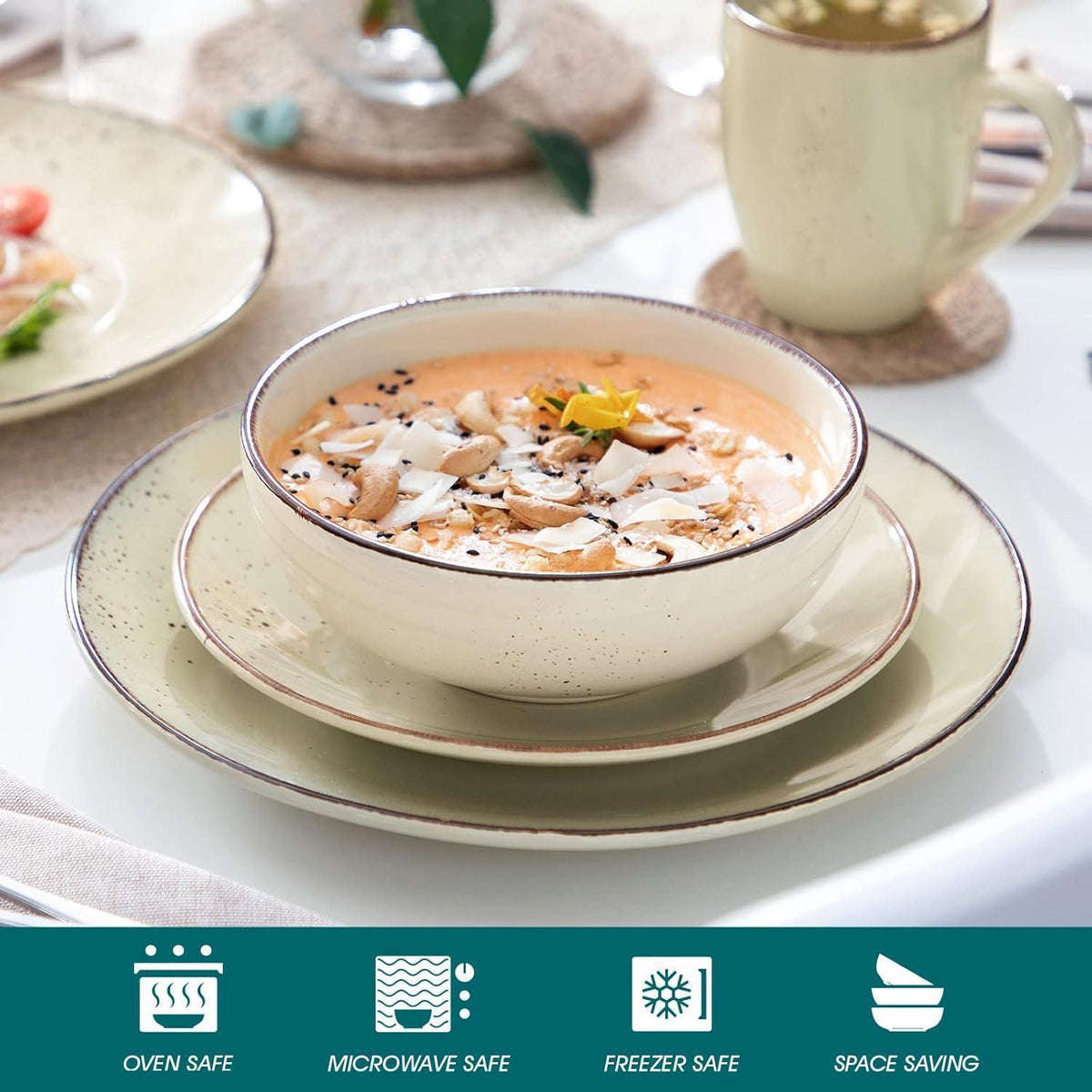 Tafelservice Set für 8 Personen, Steingut Kombiservice 32-teilig, Vintage Natur Design Beige