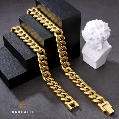 Herren Panzerkette Gold 10/12/14mm 18K Cuban Link Chain 55.9cm