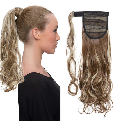 Gewellte Haarverlängerung Pferdeschwanz Hellbraun & Aschblond 43cm