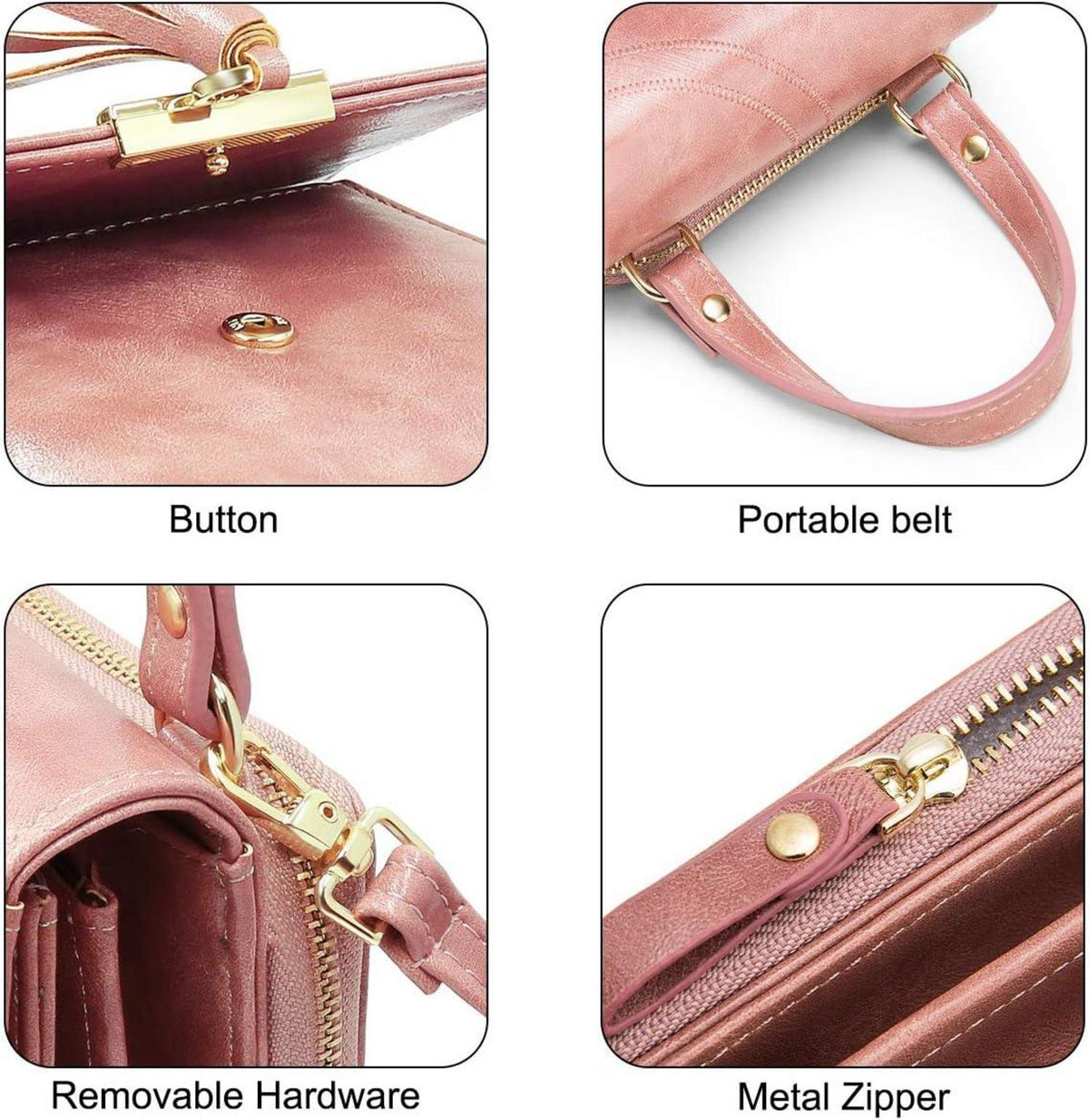 Umhängetasche Damen PU Leder Handytasche Crossbody Kartenfächer Rosa