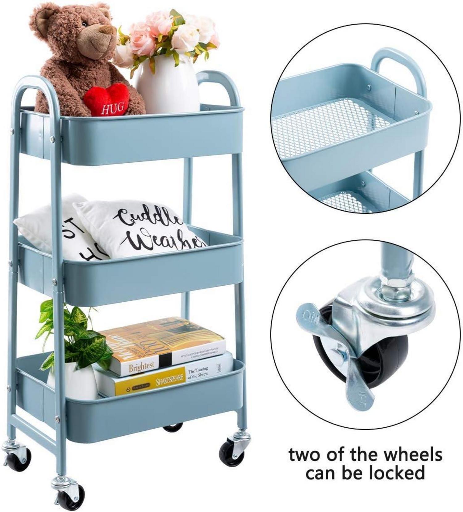 DOEWORKS Rollwagen 3 Etagen Metall Utility Cart mit Rädern Grau Blau