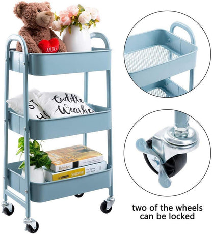 DOEWORKS Rollwagen 3 Etagen Metall Utility Cart mit Rädern Grau Blau
