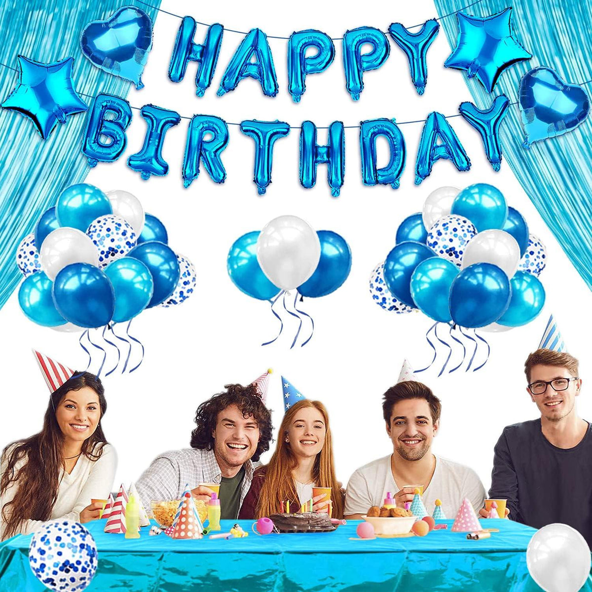 iZoeL Geburtstagsdeko Jungen Mann Happy Birthday Blau Glitzer Party Set