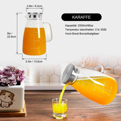 Glaskaraffe 2 Liter mit Deckel - Wasserkaraffe & Eistee