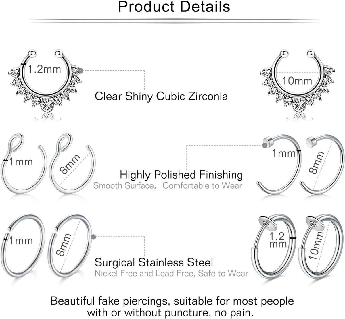 Mayhoop Fake Piercings 10 Stück Nasen Lippen Septum
