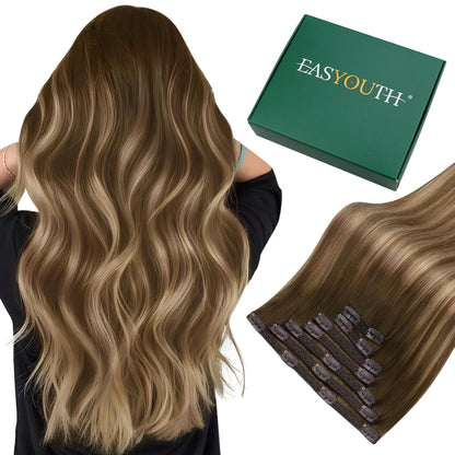 Echthaar Clip-in Extensions Ombre Braun Balayage Blond