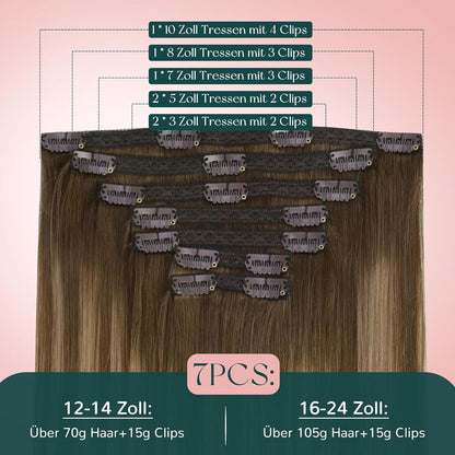 Echthaar Clip-in Extensions Ombre Braun Balayage Blond