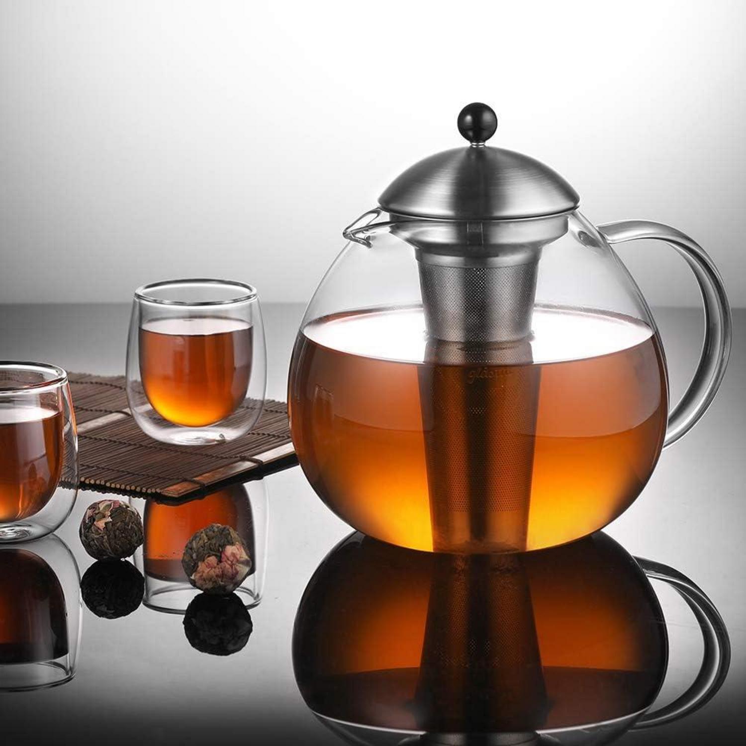 Silberne Teekanne 2000ml mit Edelstahl Teesieb Borosilicate Glas