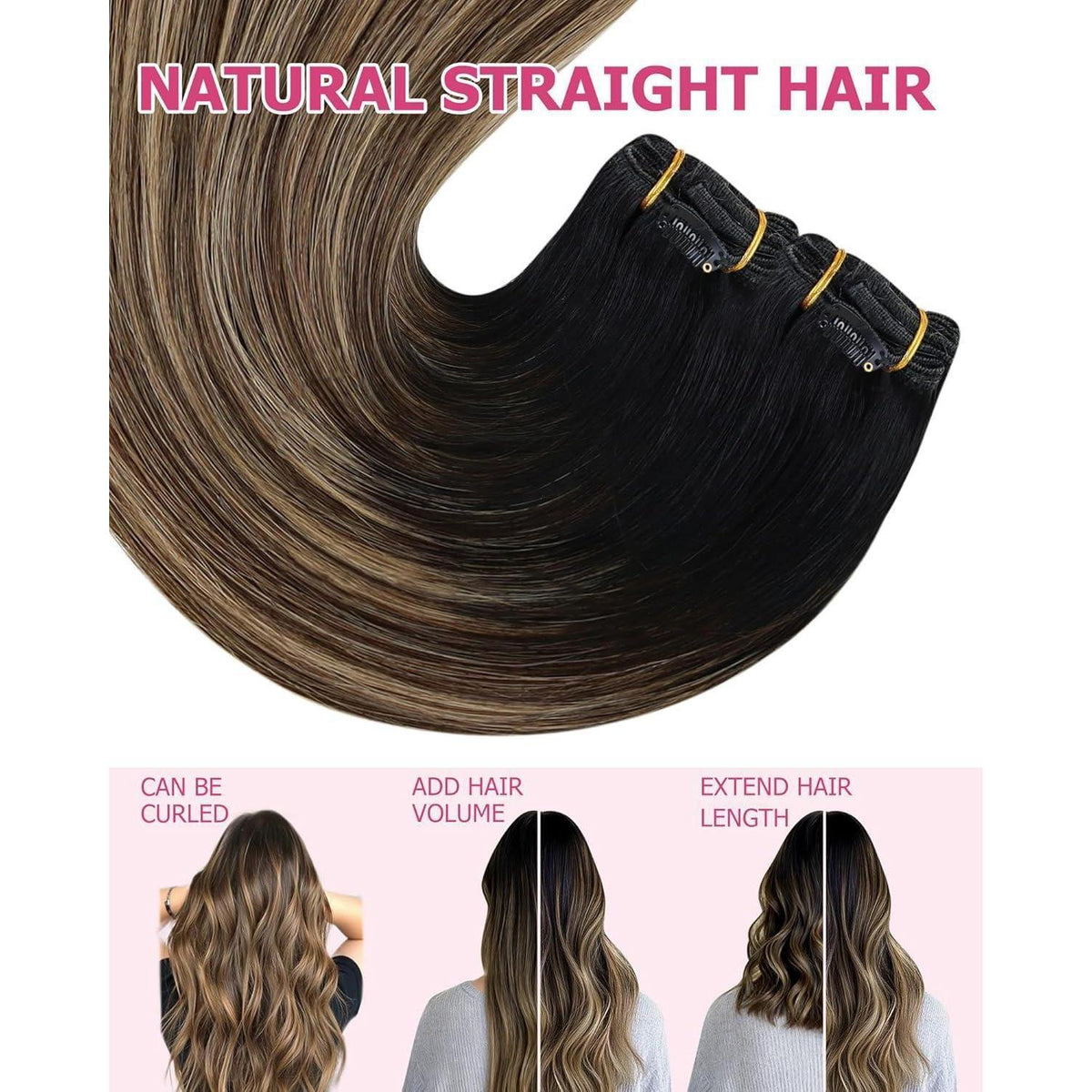 Echthaar Clip-in Extensions Balayage Schwarz Braun Blond 45cm