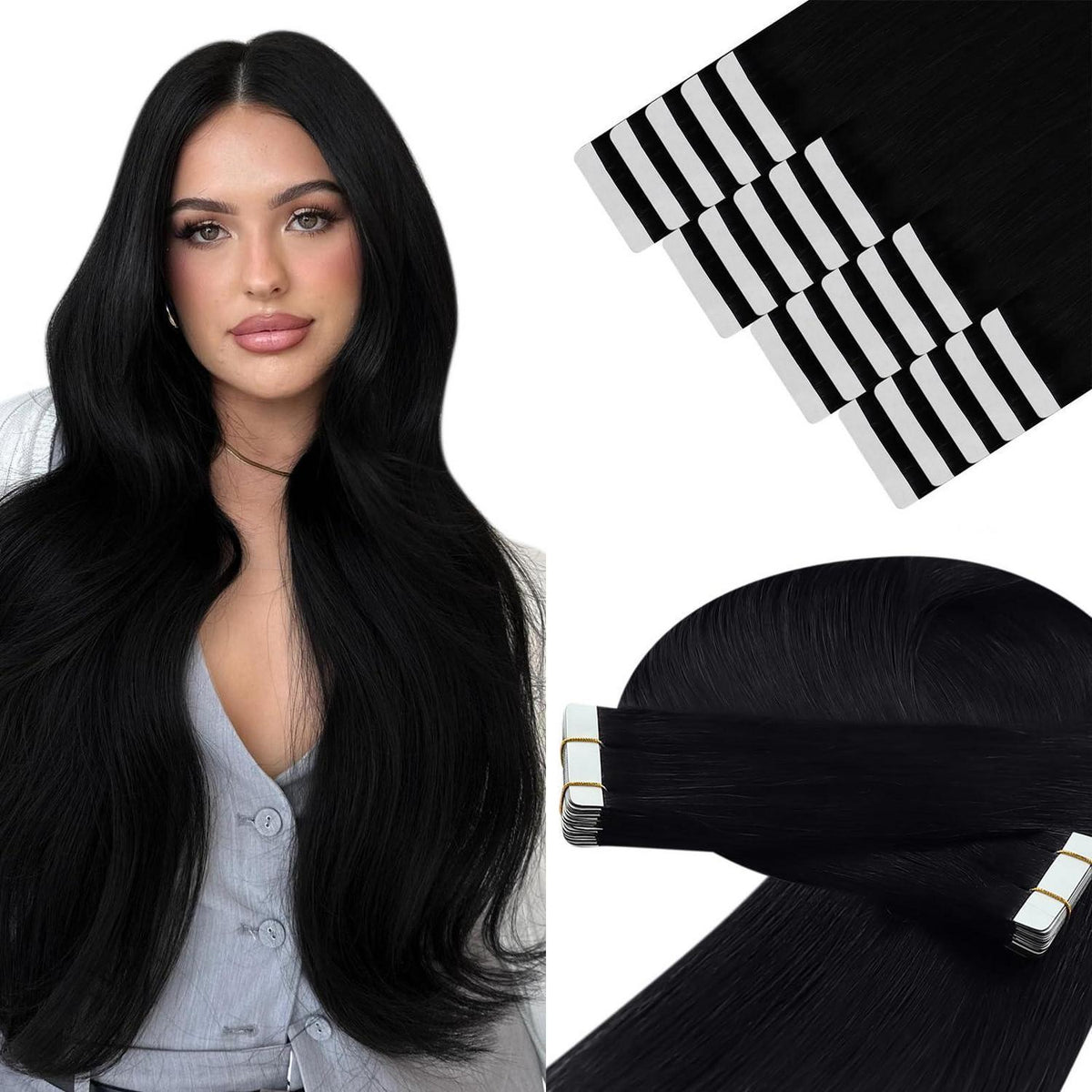 Echthaar Tape-in Extensions Schwarz 60cm - Haarverlängerung