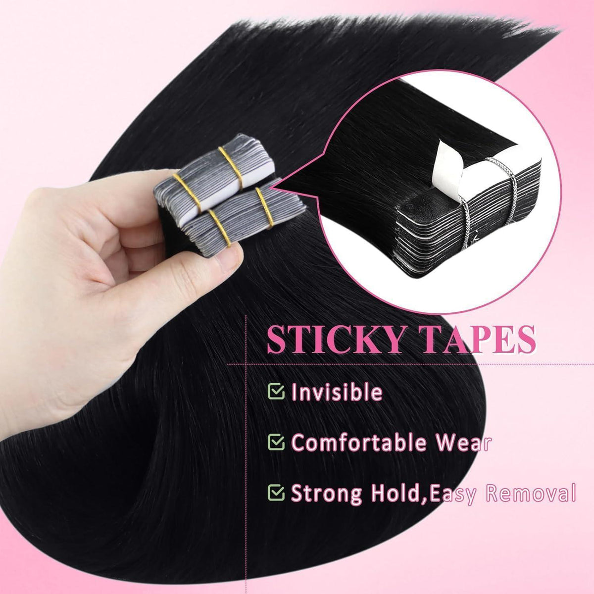 Echthaar Tape-in Extensions Schwarz 60cm - Haarverlängerung