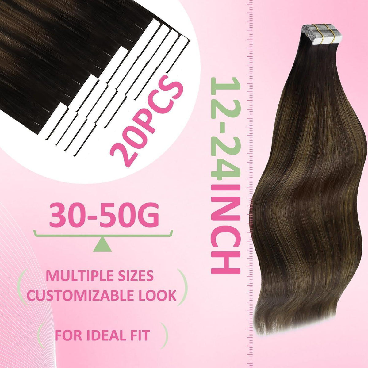 Echthaar Tape Extensions Ombre Braun 60cm