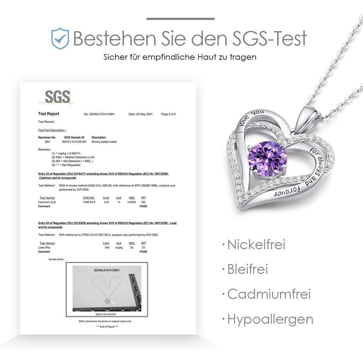 Herz Halskette 925 Sterling Silber Rosegold mit Zirkonia Geburtsstein
