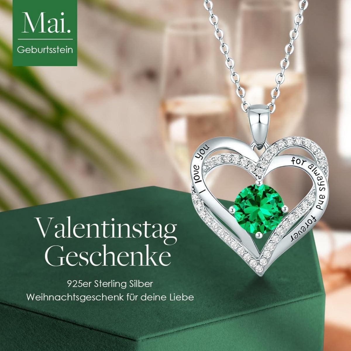 Sterling Silber Herz Halskette mit Geburtsstein und Zirkonia