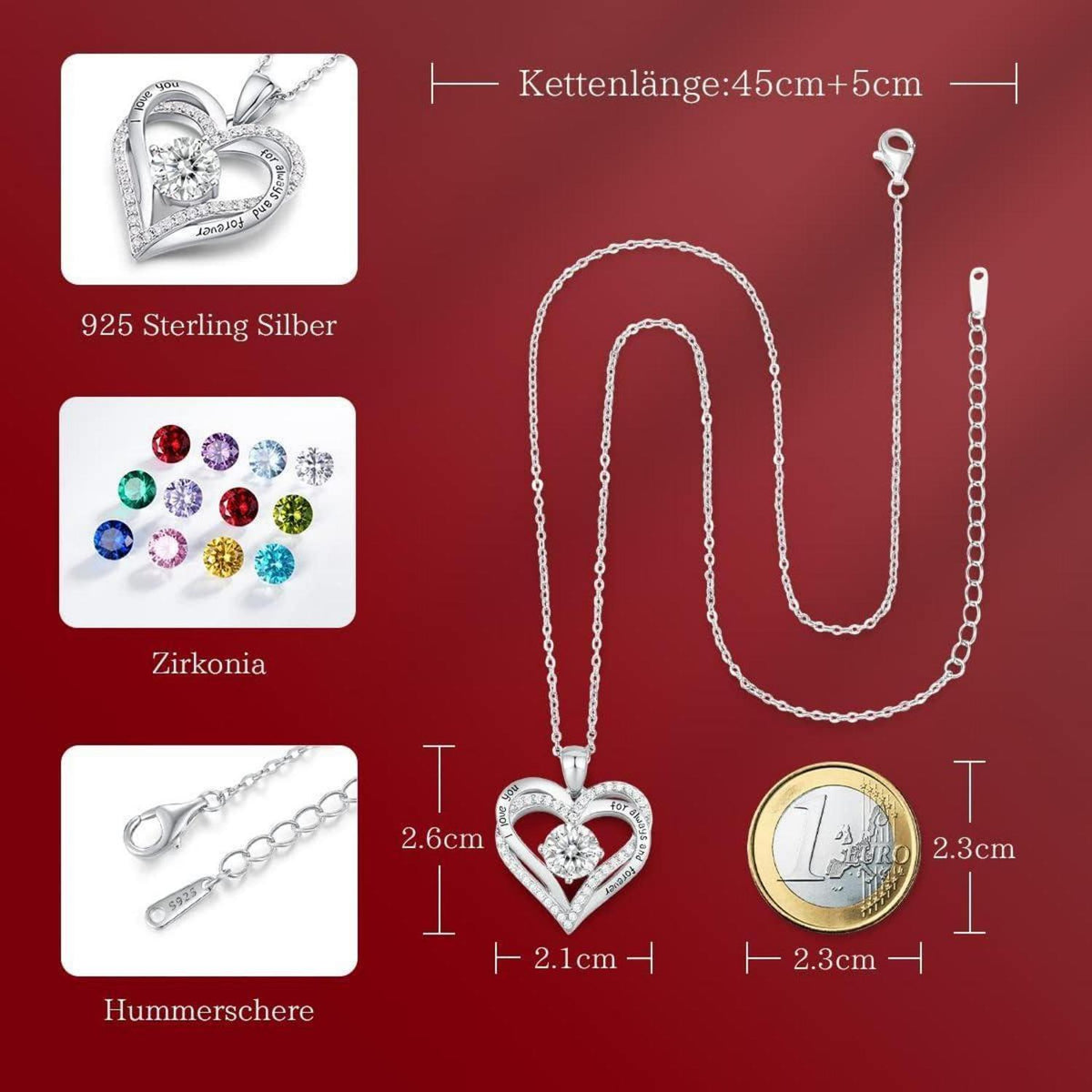 Herz Halskette 925 Sterling Silber Rosegold mit Zirkonia und Geburtsstein