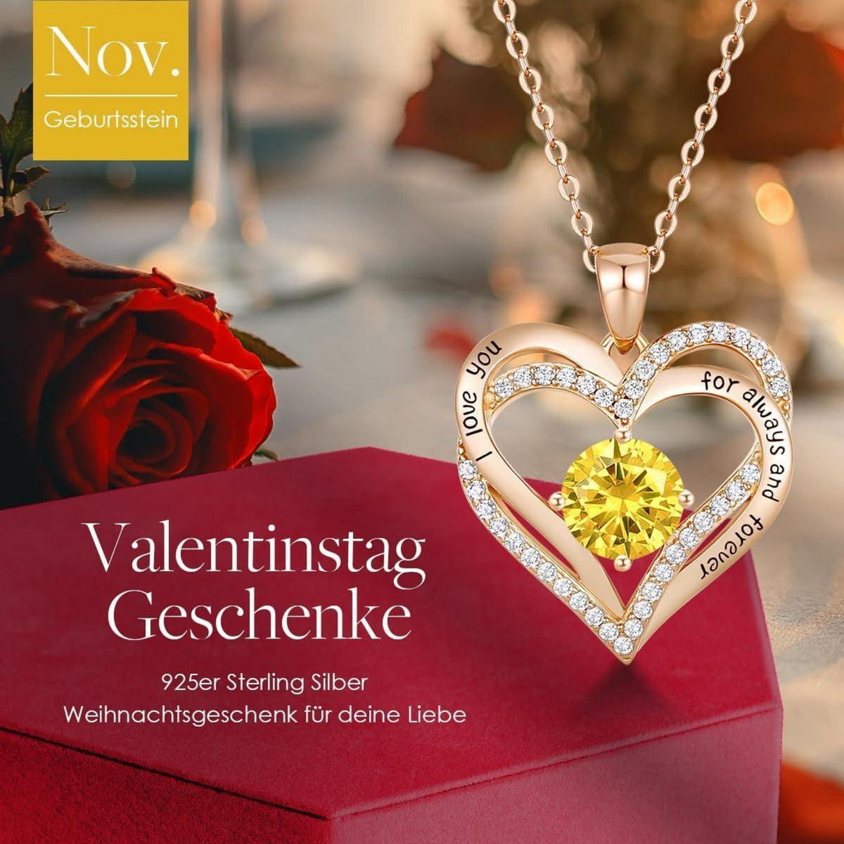 925 Sterling Silber Halskette Herz mit Zirkonia, Roségold, Geburtsstein-Option